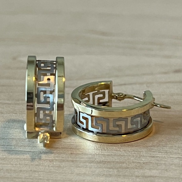 14K Two-Tone Gold Greek Key Hoop Earrings Made in Turkey - Picture 1 of 7